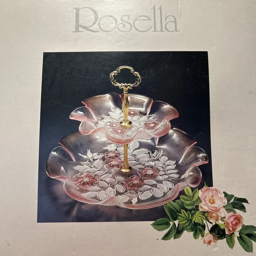 MIKASA ROSELLA 2 TIER TIDBIT SERVER‎ CRYSTAL PINK SATIN FLOWERS 1507